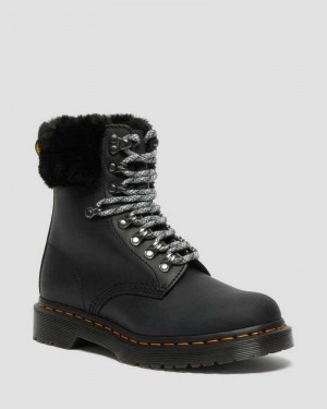 Dr Martens 1460 Serena Collar Faux Fur Lined Lace Up Boots Black | 21HBXNMZW