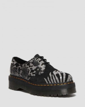 Dr Martens 1461 Animal Clash Leather & Suede Platform Shoes Black / Grey | 27ASYDTPJ