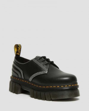 Dr Martens Audrick White Stitch Leather Platform Shoes Black | 87KOIXMCQ