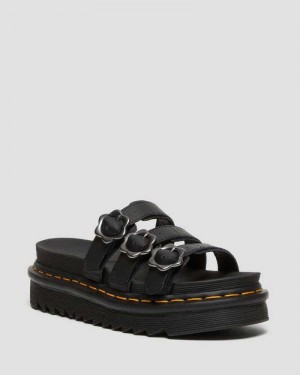 Dr Martens Blaire Flower Buckle Leather Slide Sandals Black | 71UDGVMAS