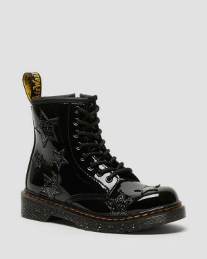 Dr Martens Junior 1460 Glitter Star Patent Lace Up Boots Black | 76NTZPODG