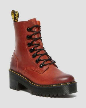 Dr Martens Leona Wyoming Leather Platform Heeled Boots Dark Red | 73CLYGKWB