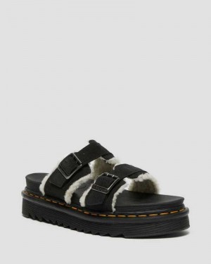 Dr Martens Myles Suede Fur-Lined Buckle Slide Sandals Black | 40QIURJZG