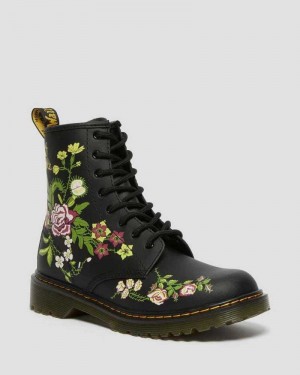 Dr Martens Youth 1460 Floral Leather Lace Up Boots Black | 61DUITRXL