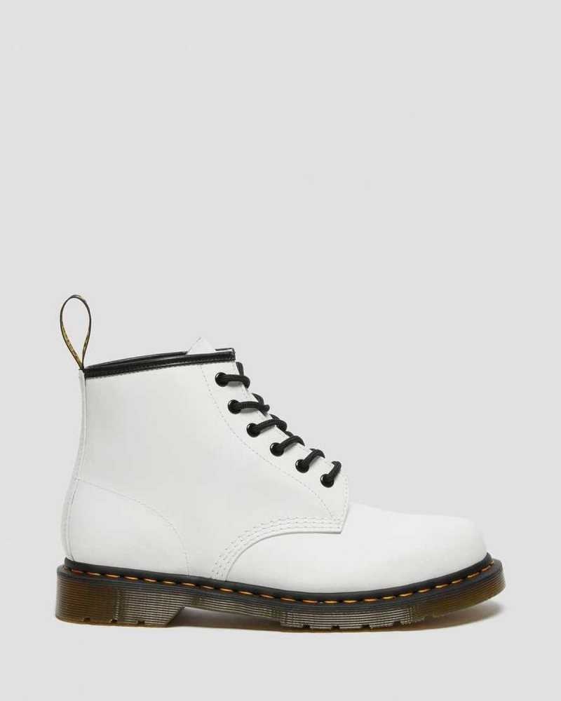 Dr Martens 101 Yellow Stitch Smooth Leather Ankle Boots White | 13XMQNTWG