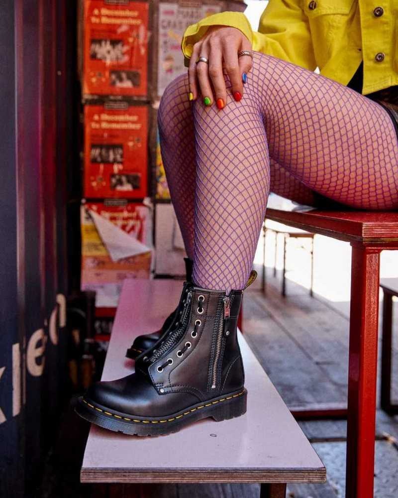 Dr Martens 1460 Double Zip Leather Lace Up Boots Black | 89ZGXIFLM