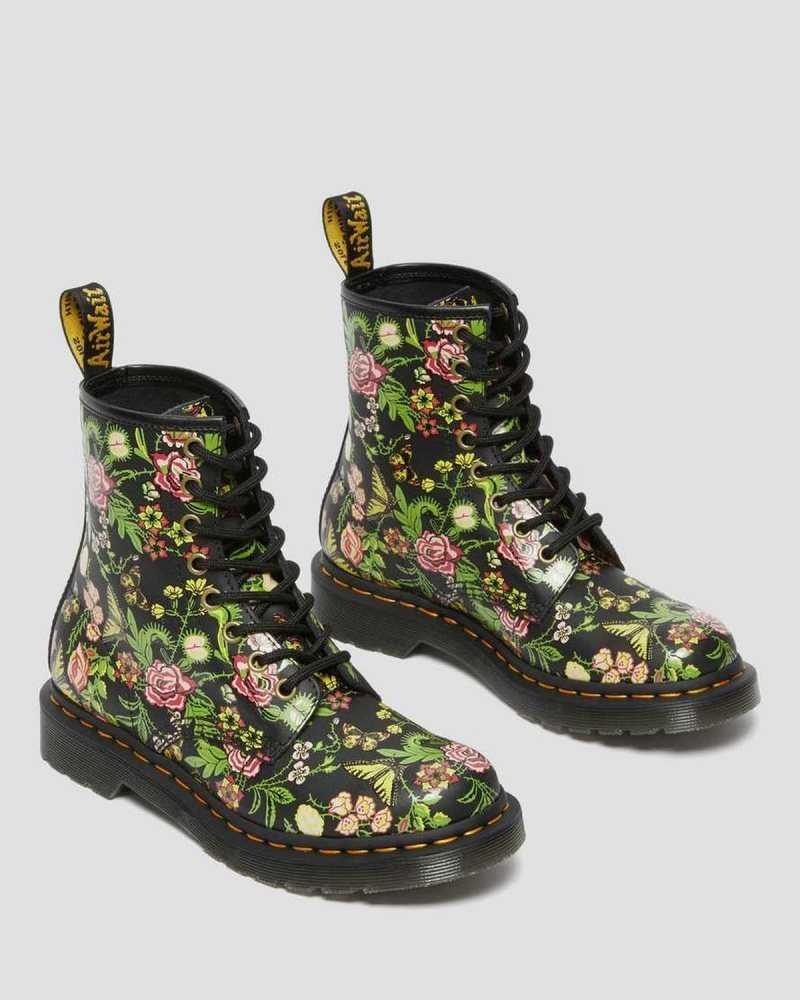 Dr Martens 1460 Floral Bloom Leather Lace Up Boots Black | 56QOZIYUW