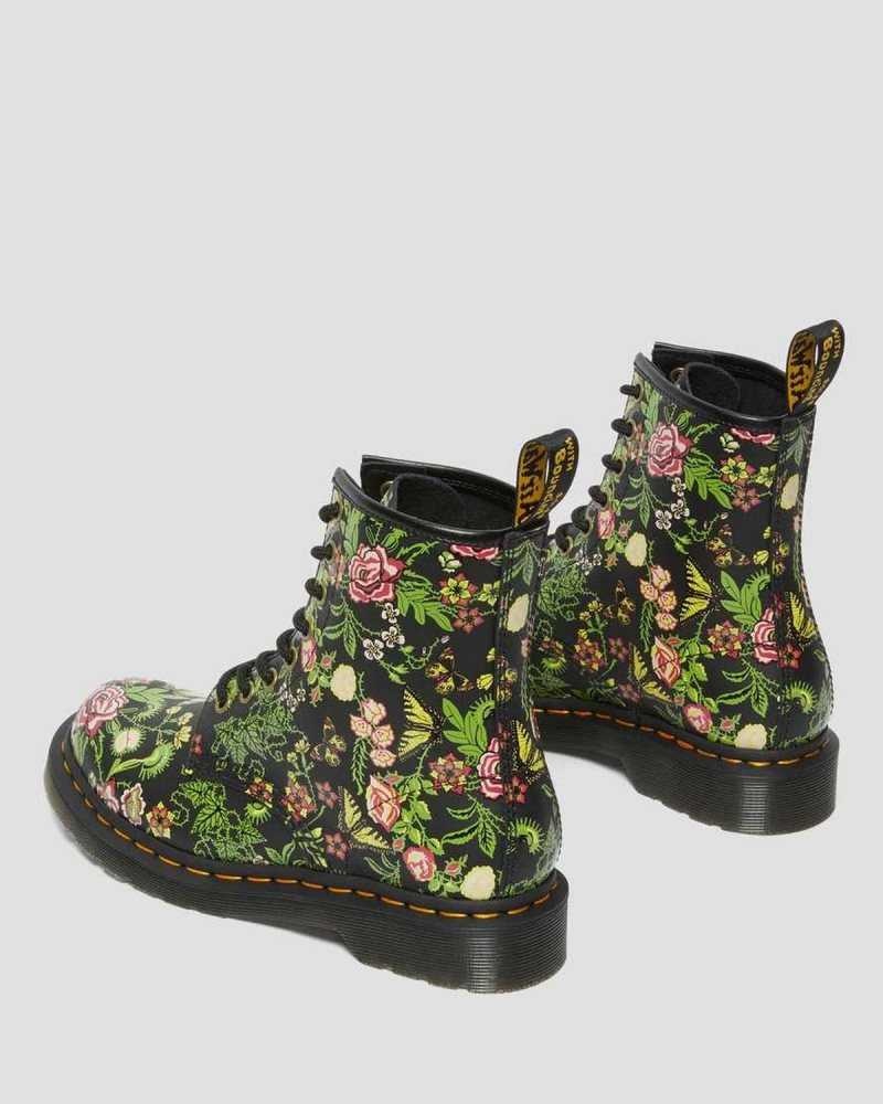 Dr Martens 1460 Floral Bloom Leather Lace Up Boots Black | 56QOZIYUW