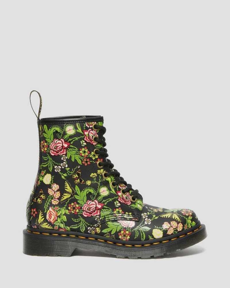 Dr Martens 1460 Floral Bloom Leather Lace Up Boots Black | 56QOZIYUW