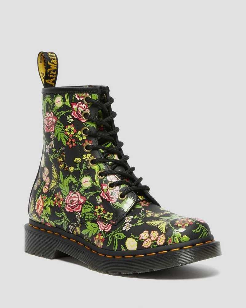 Dr Martens 1460 Floral Bloom Leather Lace Up Boots Black | 56QOZIYUW