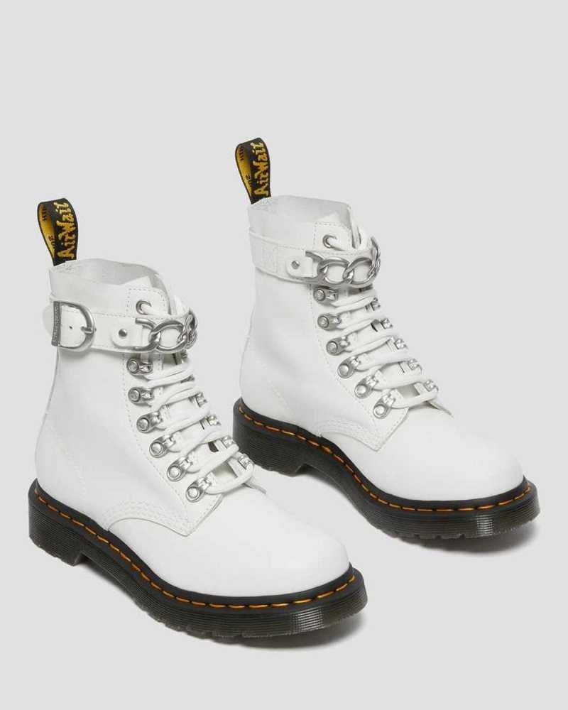 Dr Martens 1460 Pascal Chain Leather Lace Up Boots White | 50WMALKEP