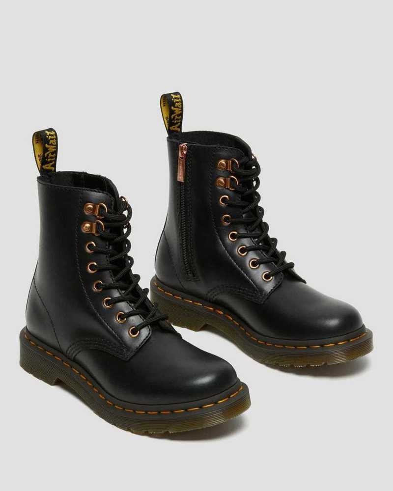 Dr Martens 1460 Pascal Rose Gold Hardware Leather Lace Up Boots Black | 40ZNYESQR