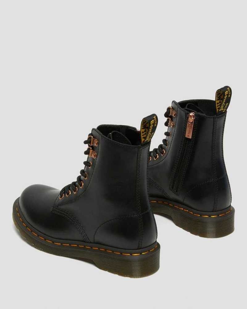 Dr Martens 1460 Pascal Rose Gold Hardware Leather Lace Up Boots Black | 40ZNYESQR