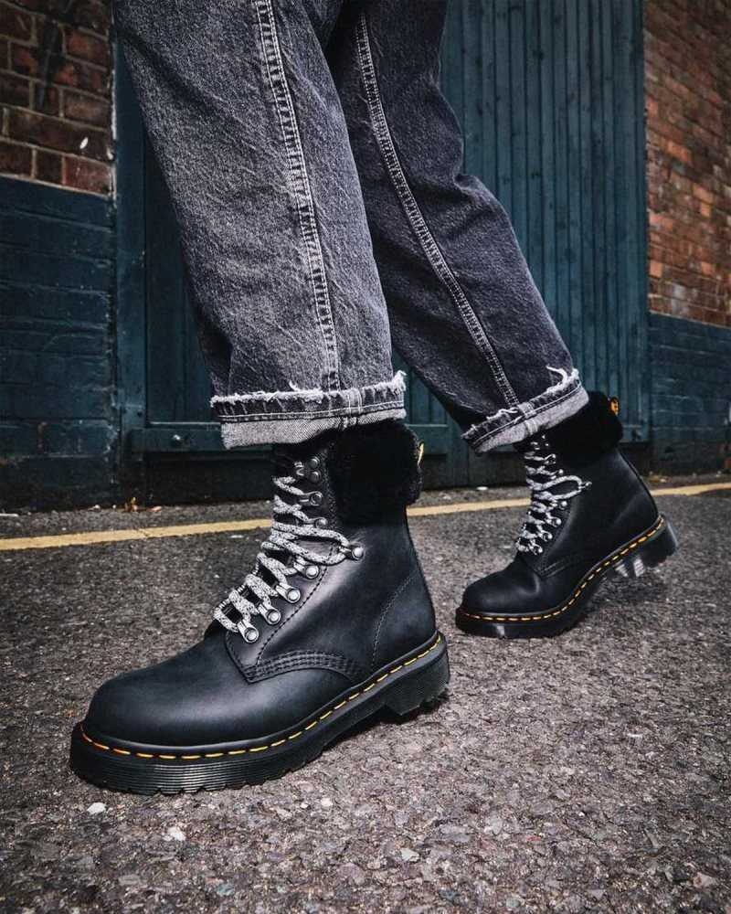 Dr Martens 1460 Serena Collar Faux Fur Lined Lace Up Boots Black | 24UTZYOXP