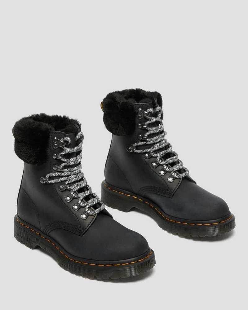 Dr Martens 1460 Serena Collar Faux Fur Lined Lace Up Boots Black | 24UTZYOXP