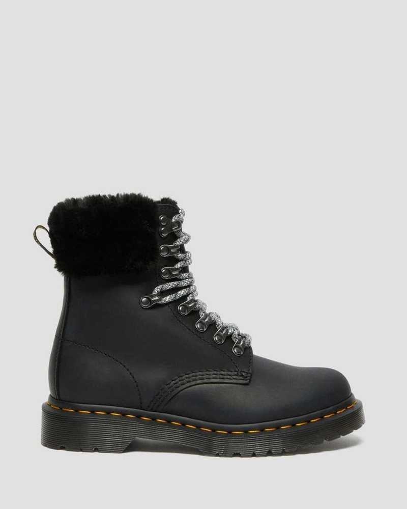 Dr Martens 1460 Serena Collar Faux Fur Lined Lace Up Boots Black | 24UTZYOXP