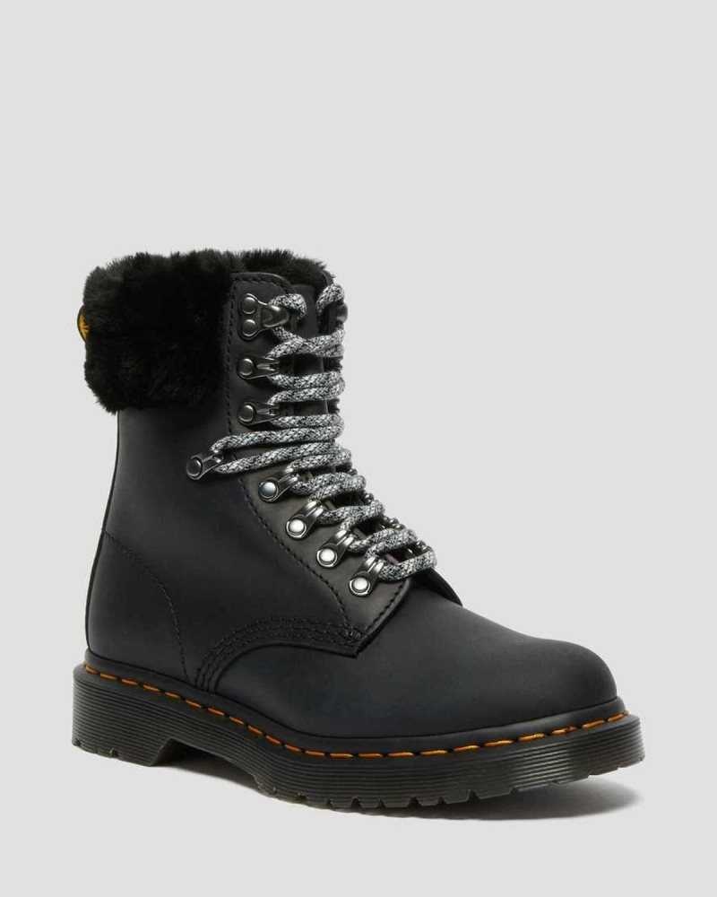 Dr Martens 1460 Serena Collar Faux Fur Lined Lace Up Boots Black | 24UTZYOXP