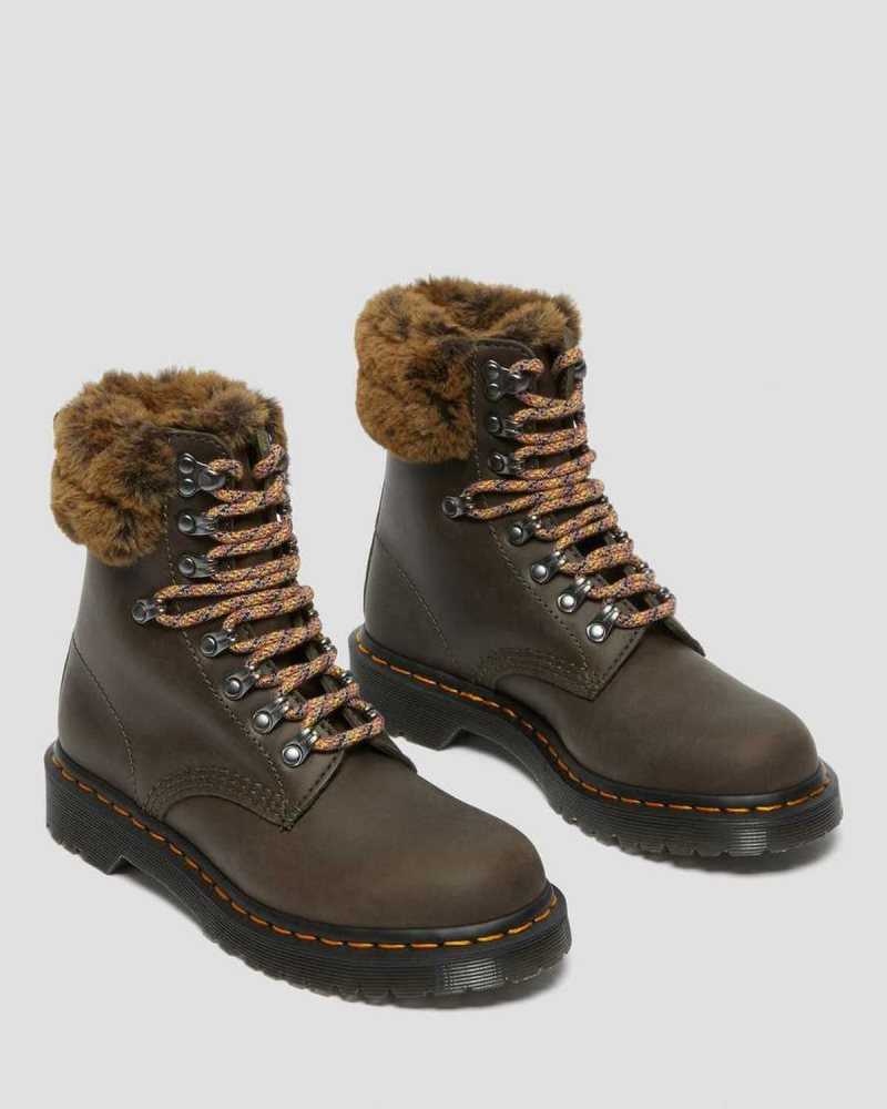 Dr Martens 1460 Serena Collar Faux Fur Lined Lace Up Boots Grey | 90JZHCRTP