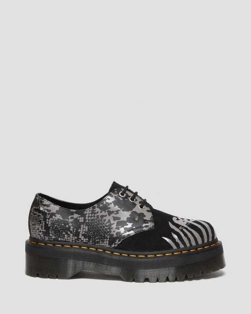 Dr Martens 1461 Animal Clash Leather & Suede Platform Shoes Black / Grey | 27ASYDTPJ