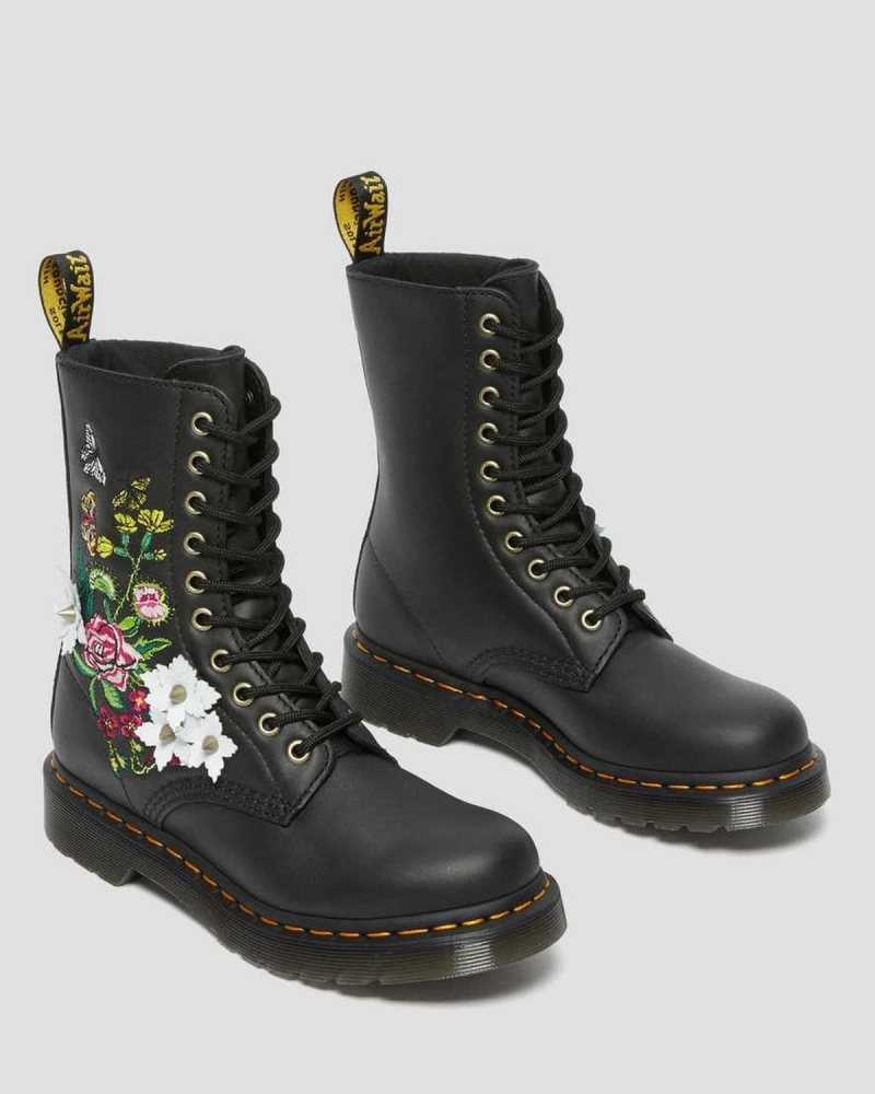 Dr Martens 1490 Floral Bloom Leather Mid-Calf Boots Black | 12KITDVXC