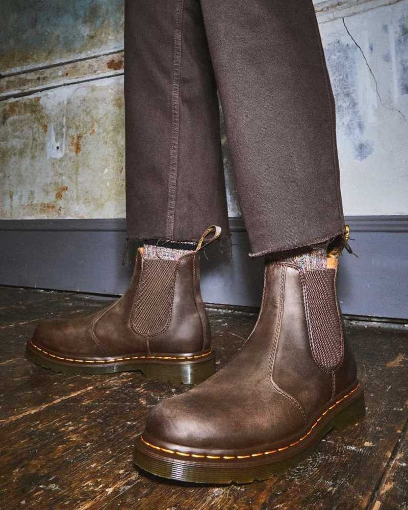 Dr Martens 2976 Yellow Stitch Crazy Horse Leather Chelsea Boots Dark Brown | 65DYKZVME