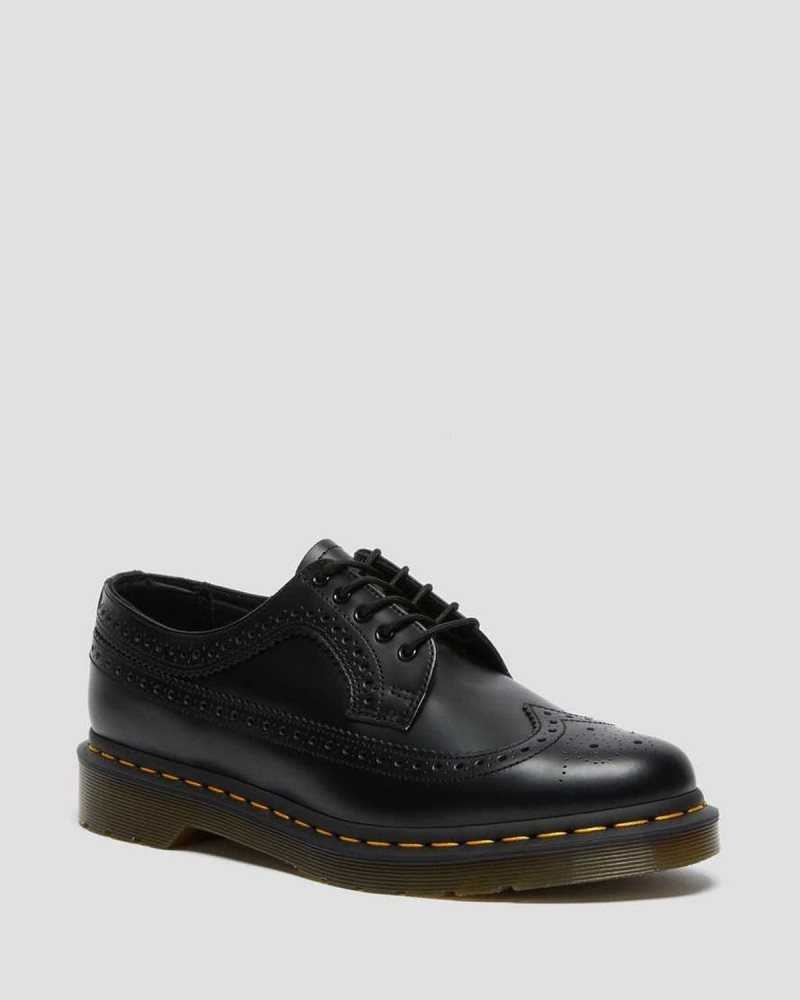 Dr Martens 3989 Yellow Stitch Smooth Leather Brogue Shoes Black | 26NBMVQWS