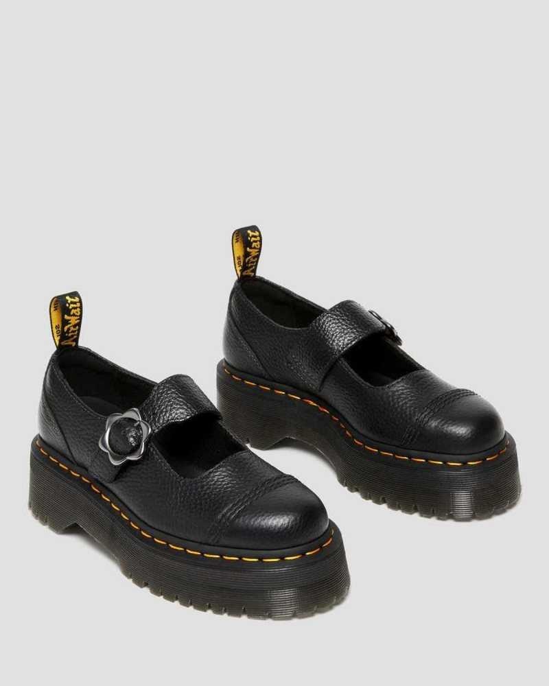 Dr Martens Addina Flower Buckle Leather Platform Shoes Black | 39QHKIBON