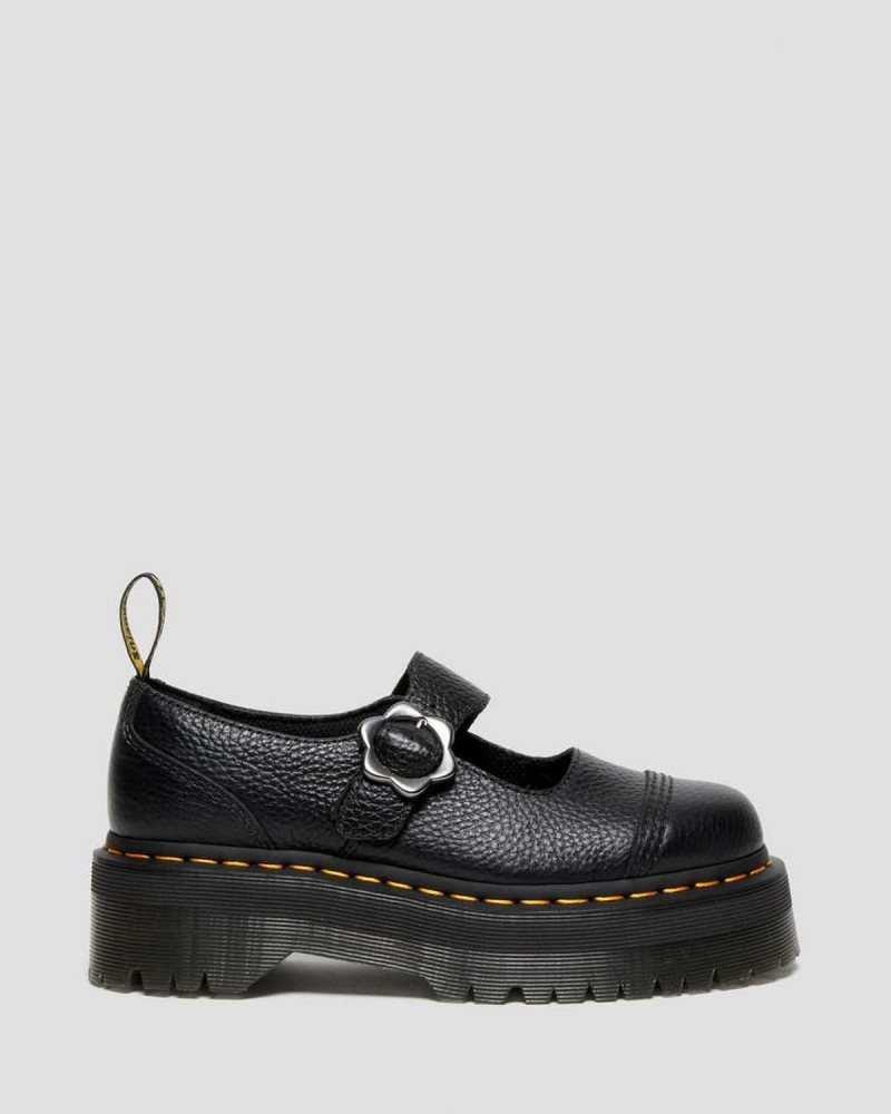 Dr Martens Addina Flower Buckle Leather Platform Shoes Black | 39QHKIBON