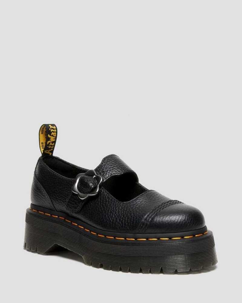 Dr Martens Addina Flower Buckle Leather Platform Shoes Black | 39QHKIBON