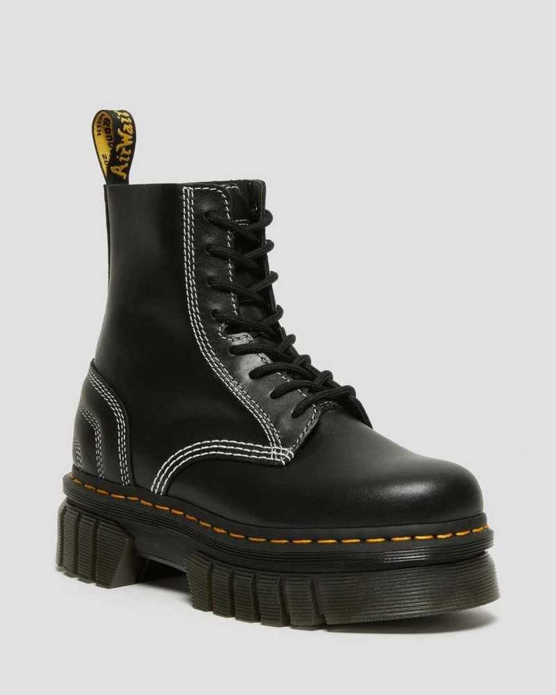 Dr Martens Audrick White Stitch Leather Platform Lace Up Boots Black | 92DCPANLE