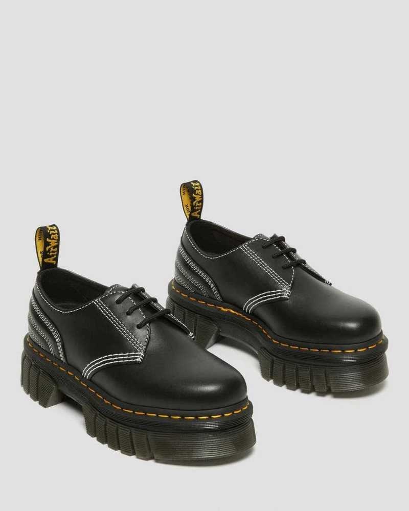 Dr Martens Audrick White Stitch Leather Platform Shoes Black | 87KOIXMCQ