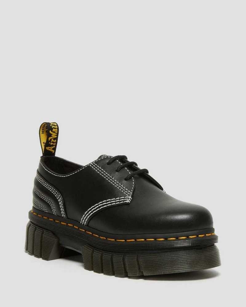 Dr Martens Audrick White Stitch Leather Platform Shoes Black | 96SEKDYXZ