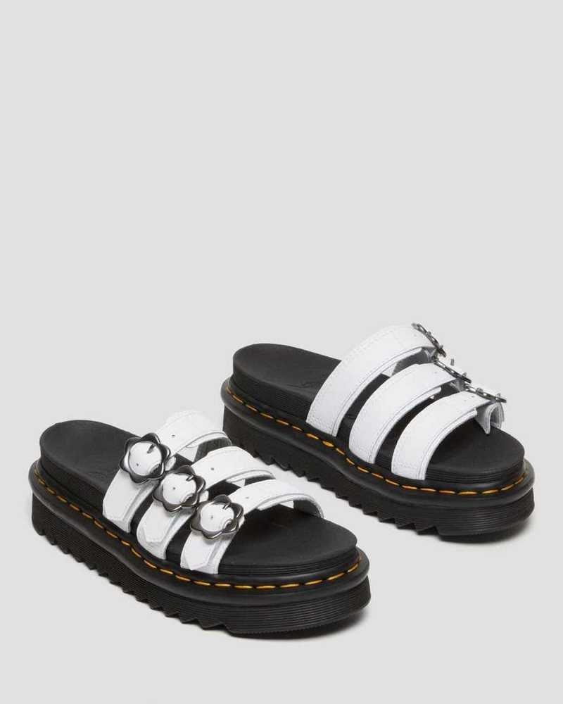 Dr Martens Blaire Flower Buckle Leather Slide Sandals White | 72BRFIKXT