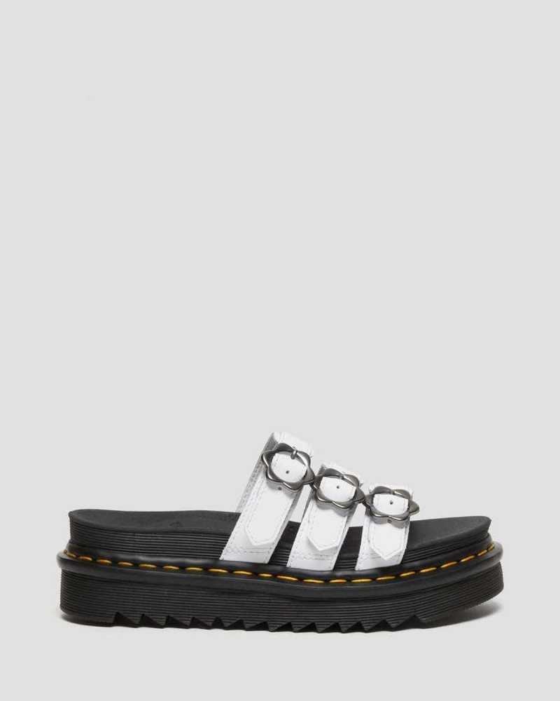 Dr Martens Blaire Flower Buckle Leather Slide Sandals White | 72BRFIKXT