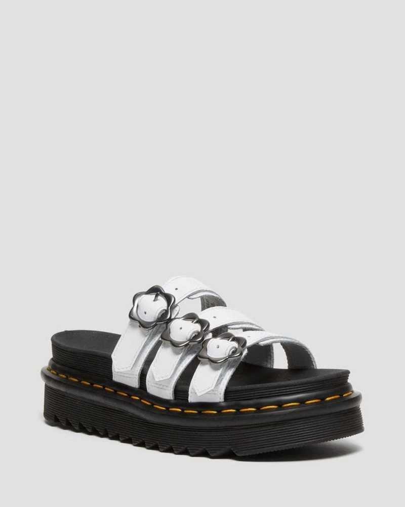 Dr Martens Blaire Flower Buckle Leather Slide Sandals White | 72BRFIKXT