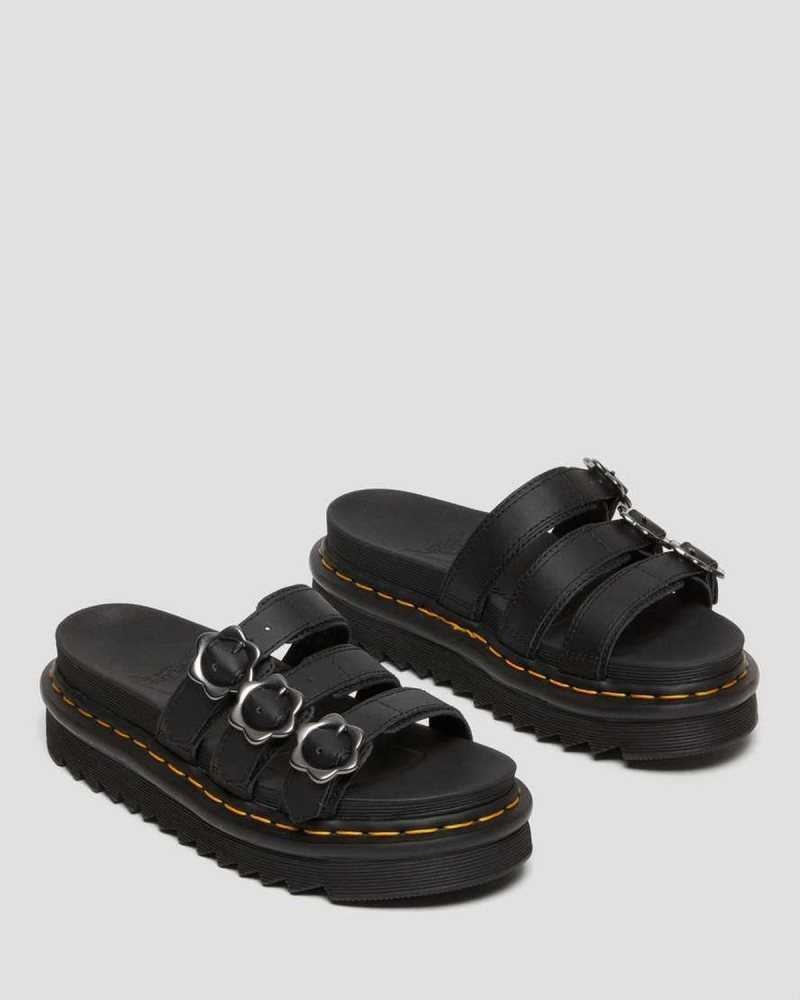 Dr Martens Blaire Flower Buckle Leather Slide Sandals Black | 71UDGVMAS