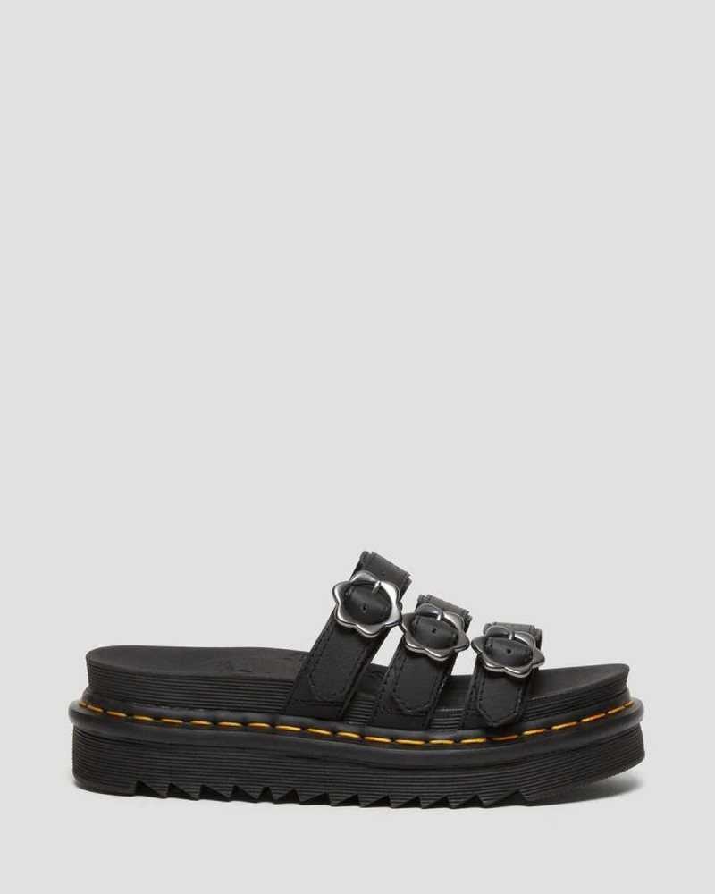 Dr Martens Blaire Flower Buckle Leather Slide Sandals Black | 71UDGVMAS