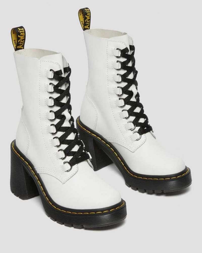 Dr Martens Chesney Leather Flared Heel Lace Up Boots White | 07XJURETB