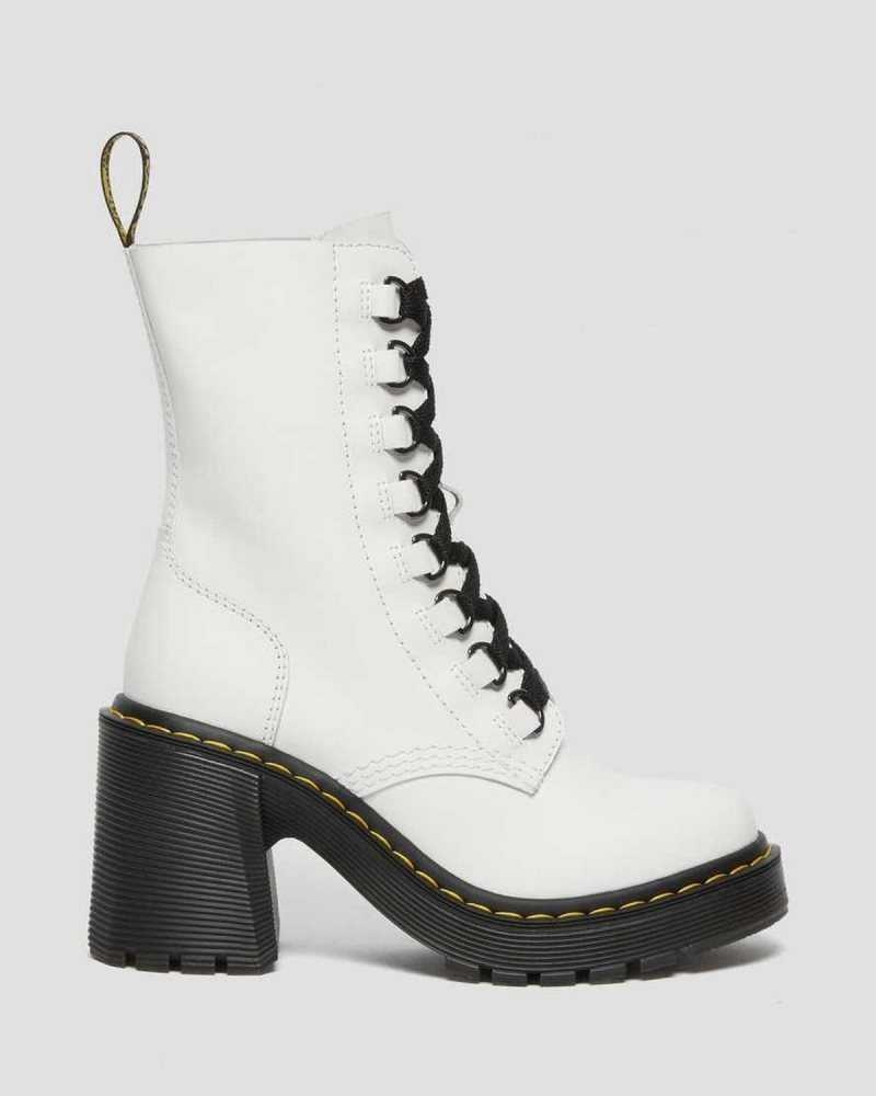 Dr Martens Chesney Leather Flared Heel Lace Up Boots White | 07XJURETB