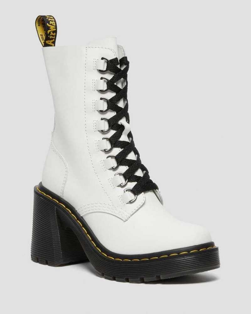 Dr Martens Chesney Leather Flared Heel Lace Up Boots White | 07XJURETB