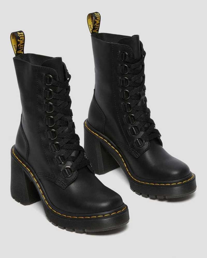 Dr Martens Chesney Leather Flared Heel Lace Up Boots Black | 47INBARFK