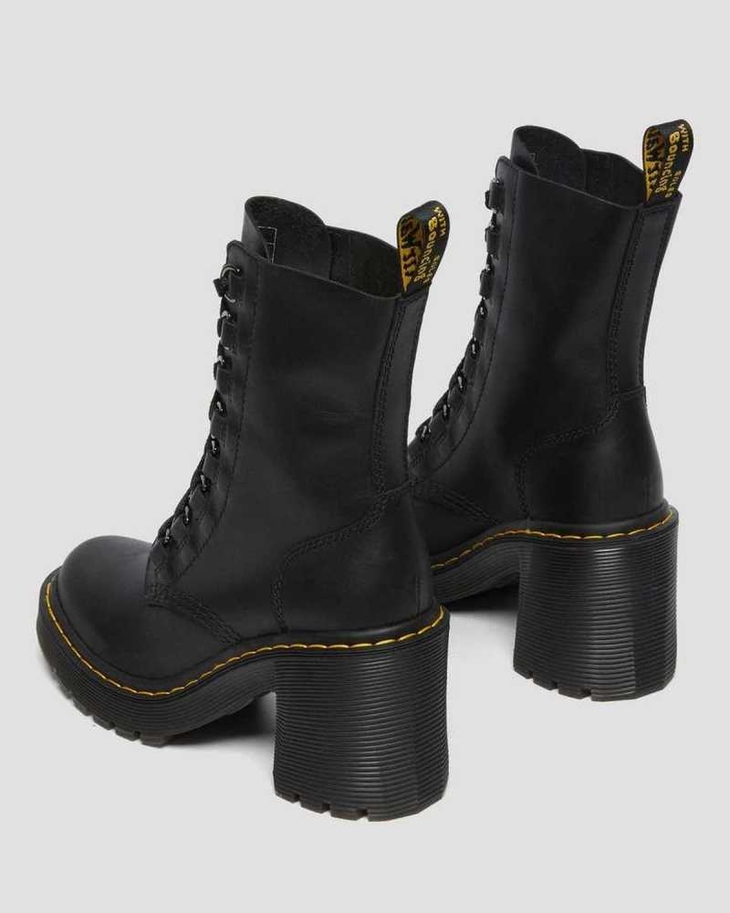 Dr Martens Chesney Leather Flared Heel Lace Up Boots Black | 47INBARFK