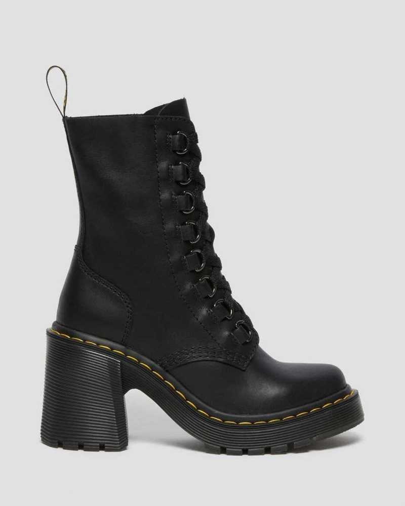 Dr Martens Chesney Leather Flared Heel Lace Up Boots Black | 47INBARFK