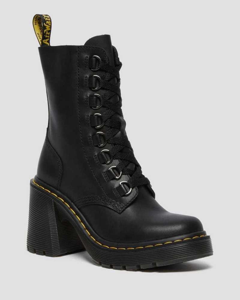 Dr Martens Chesney Leather Flared Heel Lace Up Boots Black | 47INBARFK