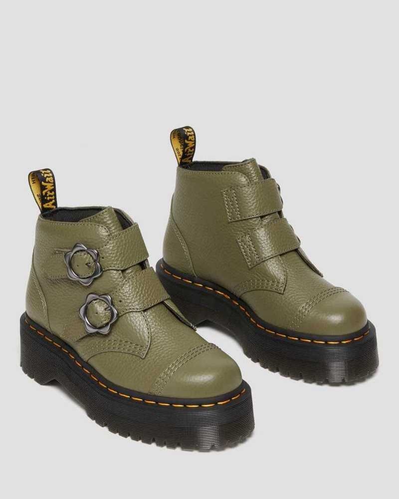 Dr Martens Devon Flower Buckle Leather Platform Boots Khaki Green | 82EFXIQRZ