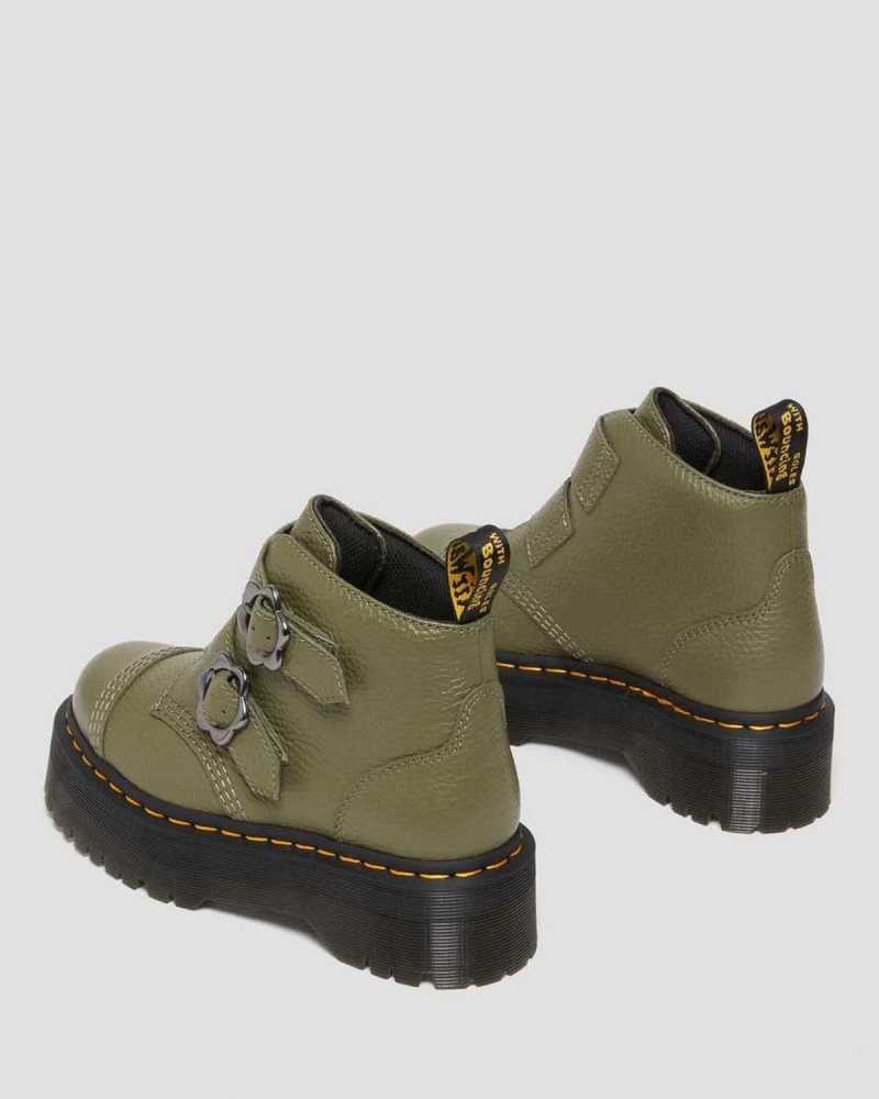 Dr Martens Devon Flower Buckle Leather Platform Boots Khaki Green | 82EFXIQRZ