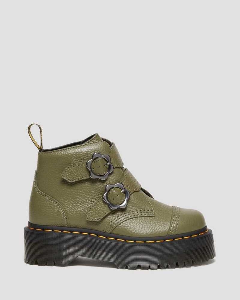 Dr Martens Devon Flower Buckle Leather Platform Boots Khaki Green | 82EFXIQRZ