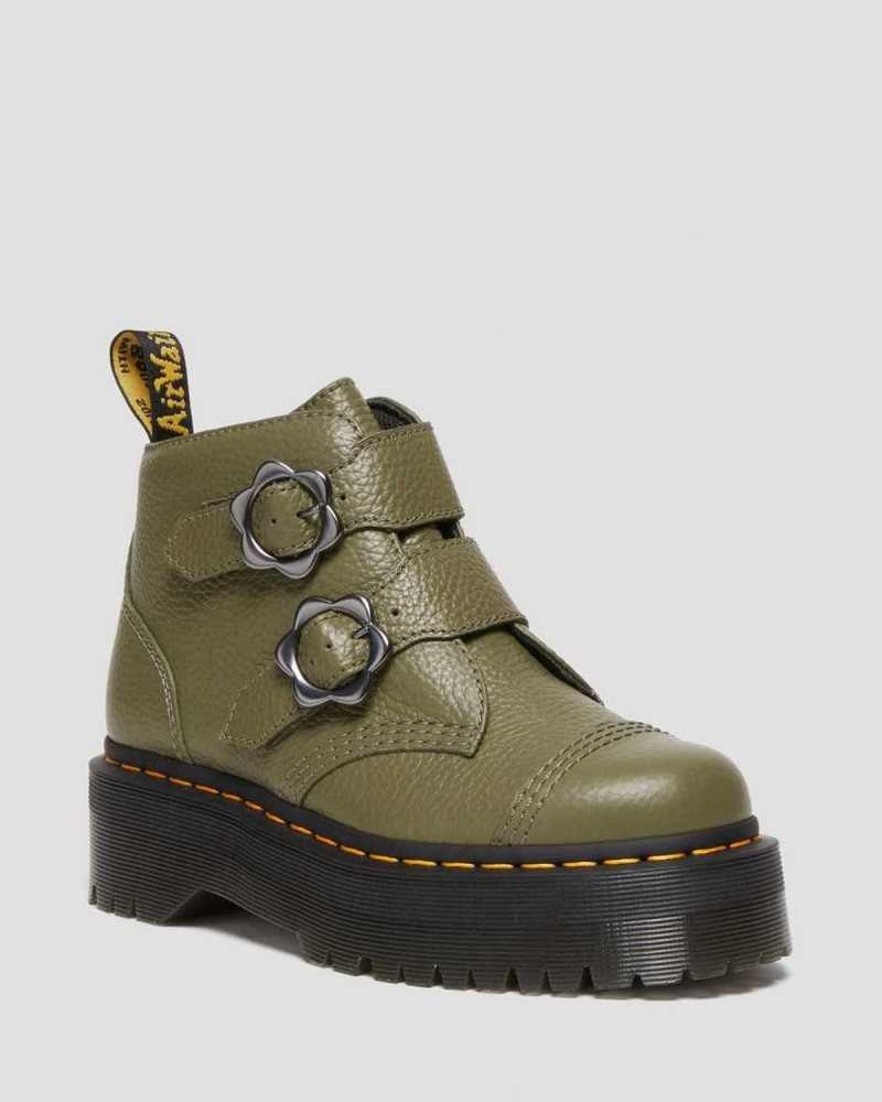 Dr Martens Devon Flower Buckle Leather Platform Boots Khaki Green | 82EFXIQRZ