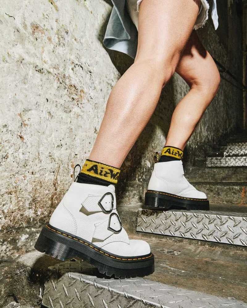 Dr Martens Devon Heart Leather Platform Boots White | 50CEDHBJY