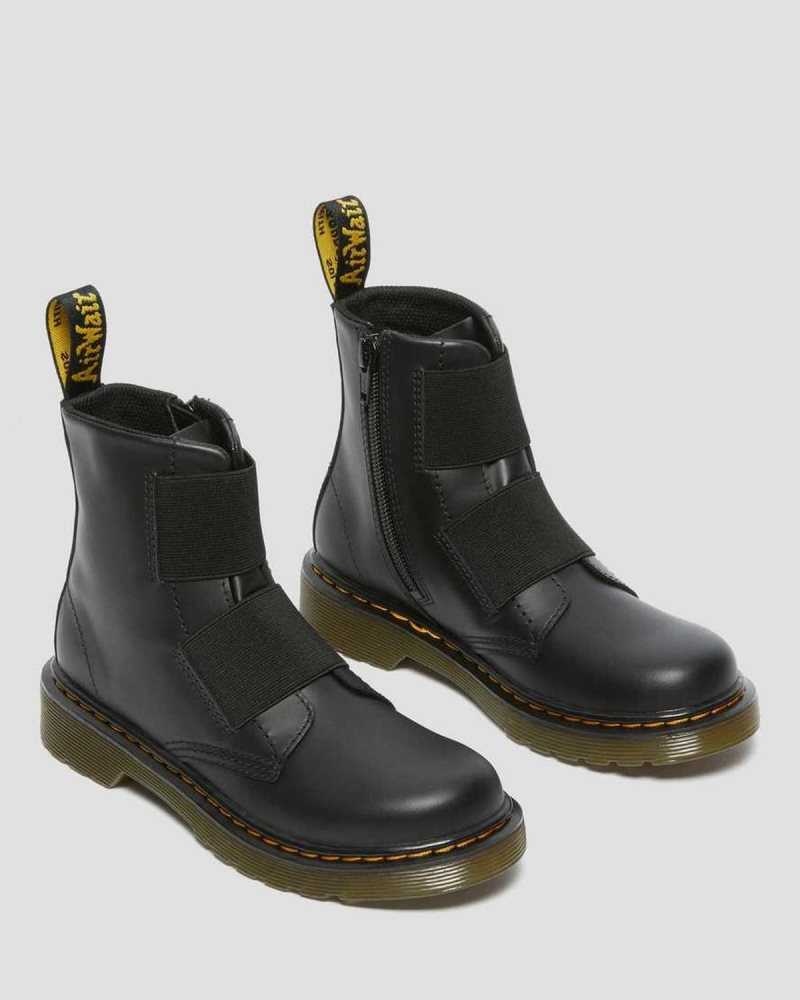 Dr Martens Junior 1460 Elastic Leather Lace Up Boots Black | 19NSKEOAZ